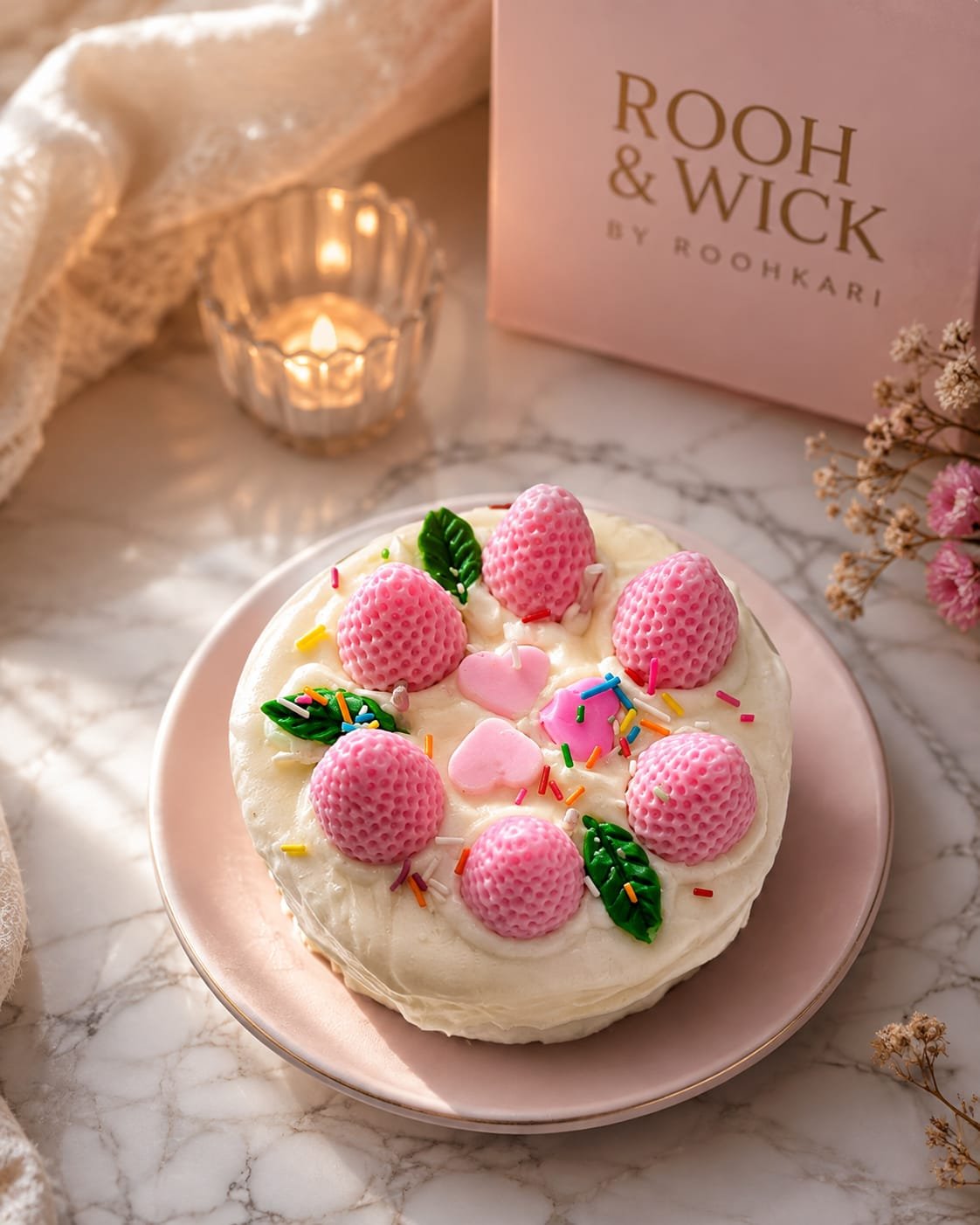 6 Three-Layered Strawberry Dream Cake Candle – Scented Soy Wax Dessert Candle - Image 1