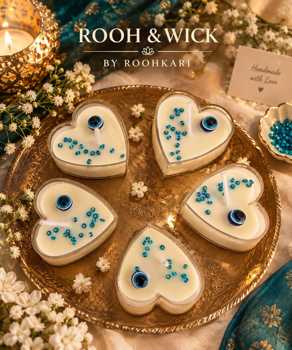 WhatsApp Image 2026-10-12 at 2.41.51 PM ROOH & WICK Handcrafted Evil Eye Heart Soy Wax Candle (Ivory & Blue) (Pack of 4) - Image 1